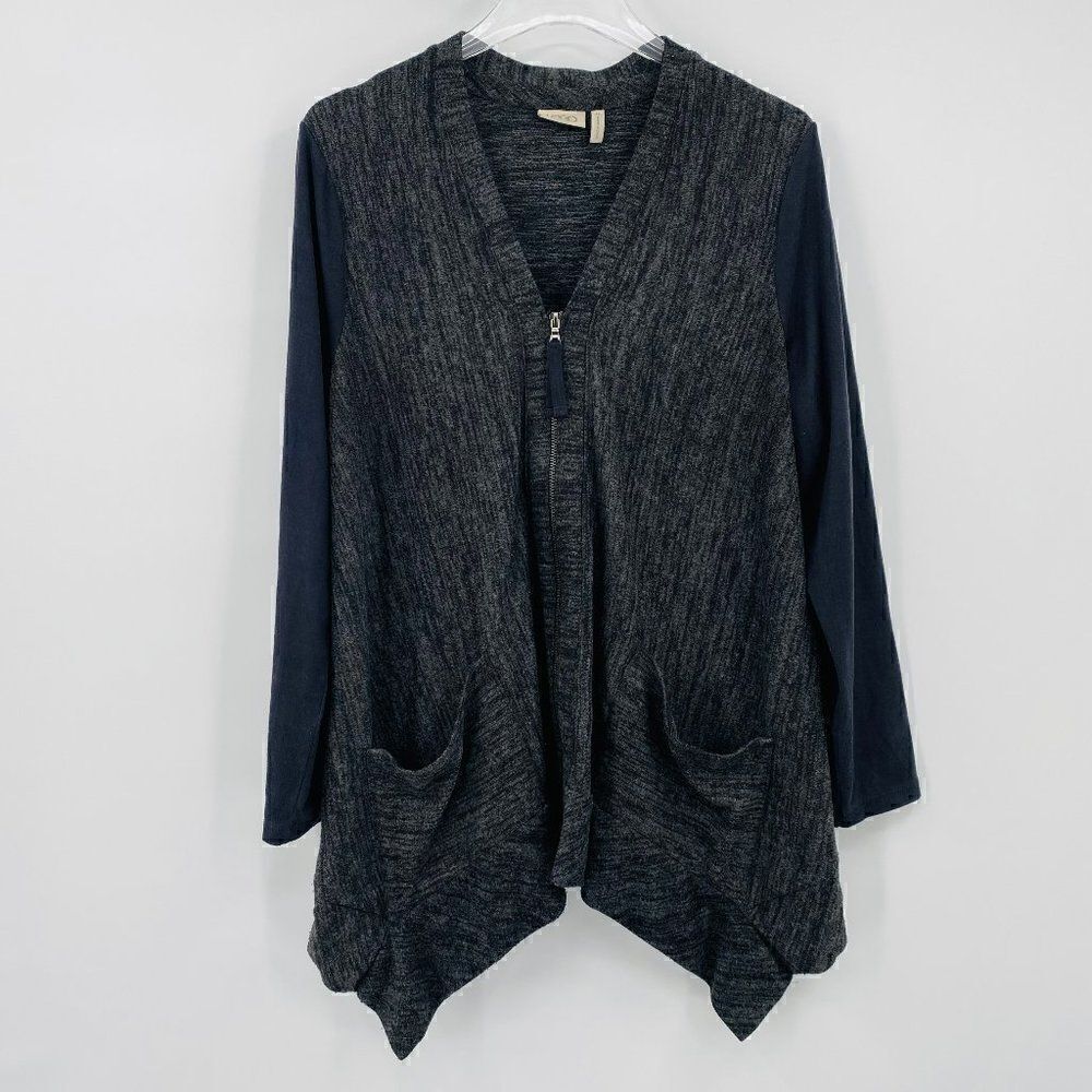 LOGO Lori Goldstein Size Medium Gray & Black Zip Up Cardigan w/ Faux Suede